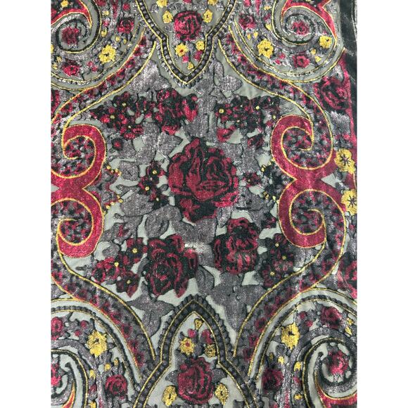 Vtg Shawl -70 x19"- Crushed Velvet Burnout- Red Black Gold fringe whimsigoth - Picture 11 of 15